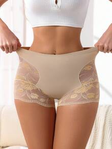 女士舒适高弹力内裤，蕾丝印花设计收腹塑身内衣 - 杏色 - 查看 1