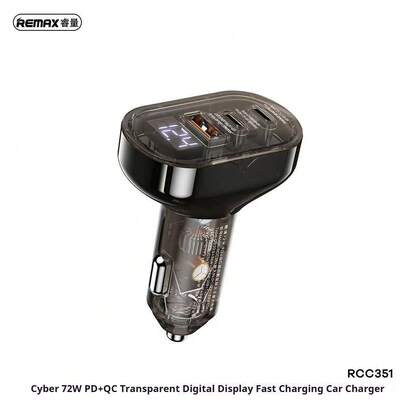  REMAX RCC351 Cybo Series 72W Car Charger, Transparent Shell with Digital Voltage Display, 1A+2C Multi-Port PD+QC Fast Charging, 12-24V Vehicle Compatible, Multiple Safety Protection for All Driving Scenarios