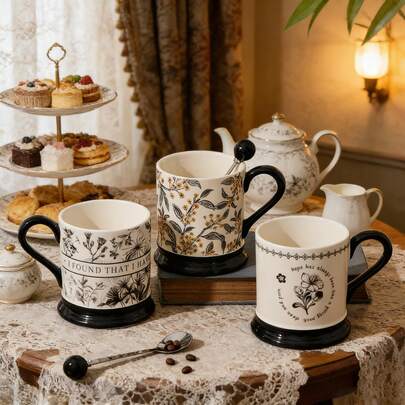 Retro Colorful Floral Classic Ceramic Mug, Contrast Color Handle, Stackable Coffee/Tea Cup, Unique Atmosphere For Home & Office, Thoughtful Gift