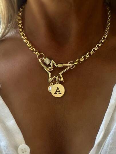 1pc Gold Letter Pendant Necklace, Pentagram Clasp Chain, Stainless Steel, Suitable For Work, Daily, Party, Banquet, Ball And Other Occasions, Unique Luxury Women Necklace