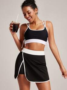 VUTRU 高腰撞色滚边运动裙，二合一防闪光口袋带衬里网球/高尔夫裙 - 黑色 - 查看 6