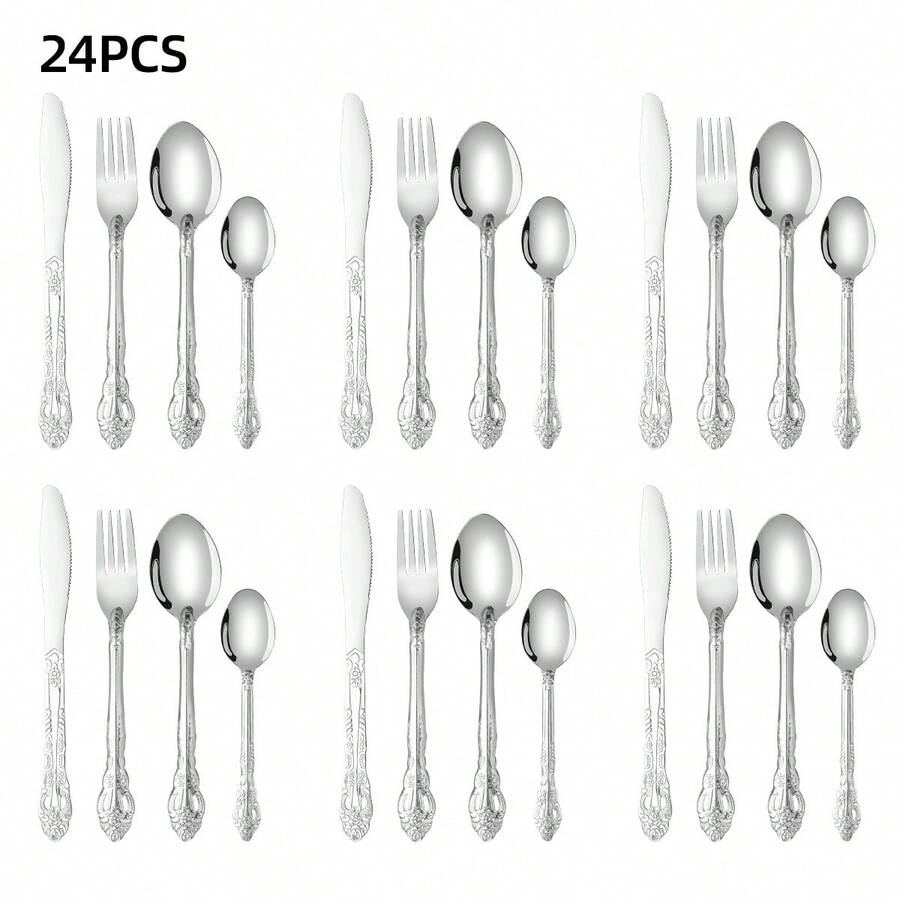 24pcs Vintage Royal Palace Stainless Steel Cutlery Set, Elegant Tableware Set, Vintage Embossed Handle Cutlery Set, High-Grade Mirror Polished Flatware, Vintage Silverware | Mirror Polished | Dishwasher | Suitable For Dessert, Salad, Dinner, Fruit, Steak | Suitable For Home, Kitchen, High-End Restaurant, Wedding, Housewarming, Easter, Halloween, Thanksgiving - - - View 1