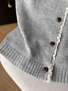 女士休闲可爱撞色蕾丝单排扣针织背心，无袖圆领街头学院风，适合春夏外出、约会、通勤、旅行、下午茶等场合。 - 灰色 - 查看 4