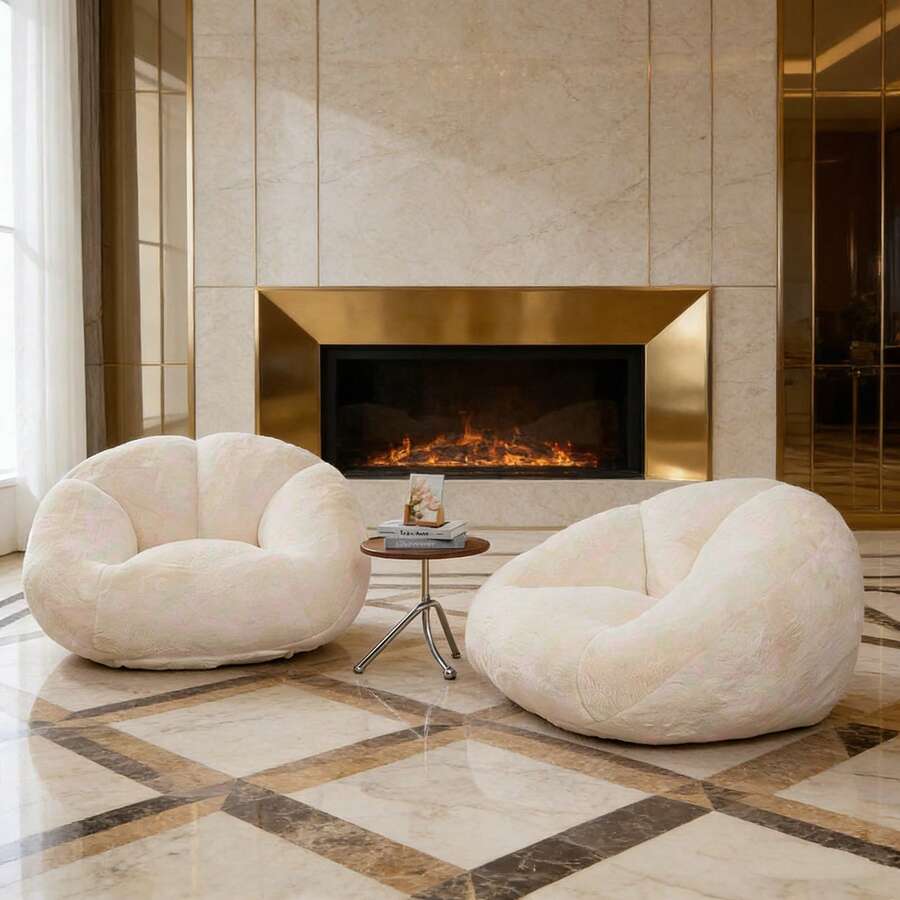 Bean Bags - Beige + Faux Fur - View 1