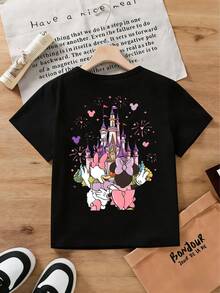 Disney Girls' Short Sleeve Graphic Tees (Ages 2-14) - Minnie Mouse & Daisy Duck Castle Print, Lightweight & Comfy, Ideal For Theme Park & Summer Days, Express Delivery - Black - View 2