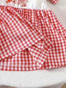 1pc Girls/Toddlers Casual Strawberry, Bow, Heart, Flower & Plaid Pattern Soft & Comfortable Knit Fabric Short Sleeve Dress, Suitable For Outdoor Wear, Spring/Summer - Multicolor - View 6