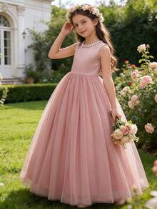少女优雅蝴蝶结珍珠露背连衣裙，花童礼服，公主裙，晚礼服，派对礼服，婚礼，生日，舞会礼服，毕业典礼，圣诞节 - 藕粉色 - 查看 2