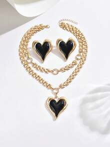 Conjunto de joyería de 3 piezas con collar de cadena multicapa, colgante de corazón a color y aretes, joyería elegante y de moda para mujeres, adecuado para el Día de San Valentín, Día de la Madre, regalos de cumpleaños para novia/madre, accesorio de moda versátil - Amarillo Oro - Ver 4