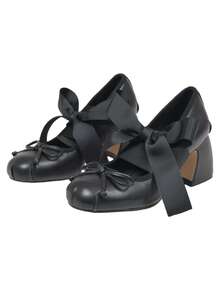 Women's Fashion Lolita Ballerina Style Shoes Square Toe High Heels Cross Strap Mary Jane French Girl Satin Bow Solid Color Fashion Y2K Outdoor Shoes - màu đen - Xem 6