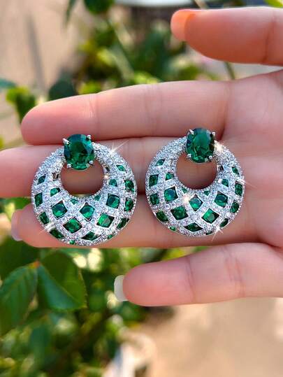 一对奢华时尚设计镀银绿色立方氧化锆大圆耳钉，女士款，CZ水晶婚礼订婚派对舞会珠宝配饰