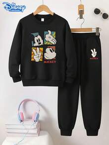 Disney Mickey Mouse "Pop-Art Collage" Kids Black Tracksuit, Vibrant Multi-Color Print, Cozy Crewneck Sweatshirt, Elastic Joggers, Ideal For Fall & Winter, Playful & Stylish, Unisex - Black - View 1