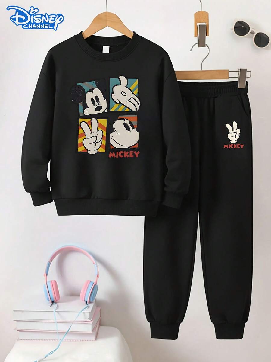 Disney Mickey Mouse "Pop-Art Collage" Kids Black Tracksuit, Vibrant Multi-Color Print, Cozy Crewneck Sweatshirt, Elastic Joggers, Ideal For Fall & Winter, Playful & Stylish, Unisex - Black - View 1