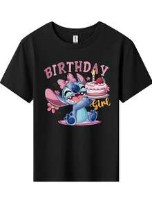 Disney Stitch Birthday Cake Printed Pattern T-Shirts For Girls - Children's Clothing Design Short-Sleeved Casual And Cute Style Comfortable And Casual Wear All Year Round Suitable For Parties And Play Machine Washable Gift Children's Clothing Girls' Short-Sleeved Shirts - Black - View 2