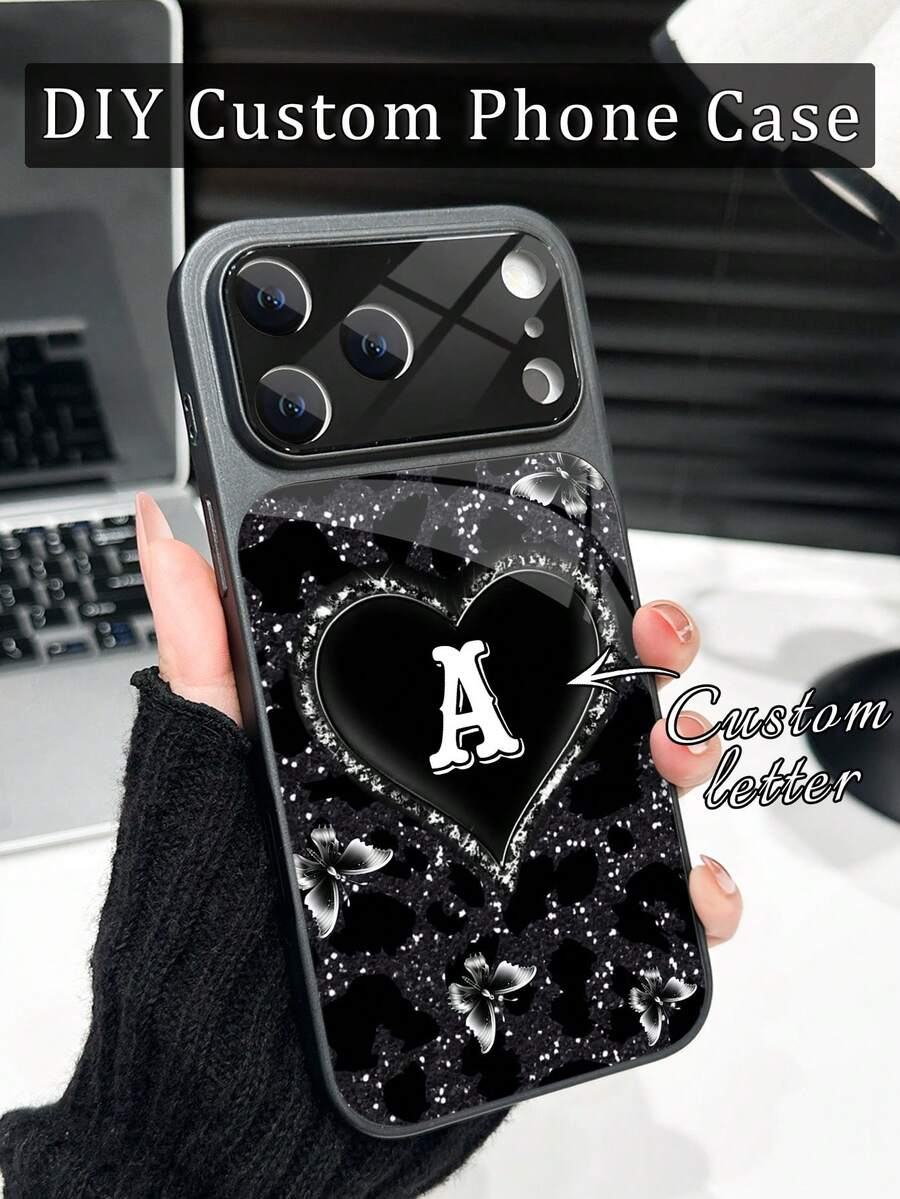 1pc Customized Letter Phone Case, Butterfly, Heart, Leopard Print Pattern, Gift For Friends, Couples And Family. Compatible With IPhone 17/17Pro/17ProMax/17Air/16/16Pro/16ProMax/16Plus/15/15Plus/15Pro/15ProMax/14/14Plus/14Pro/14ProMax/13/13Pro/13ProMax/12/11, Large Window Glass Matte Shell, Upgraded Full Camera Protection, Shock-Proof, Scratch-Resistant, High-End Protective Cover - Black - View 1