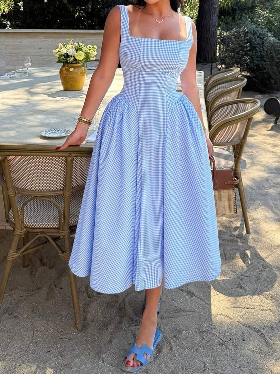 Unadoll Women's Summer Casual Elegant Dress, With Thick Shoulder Straps, Back Zipper Design, Blue And White Checkered Fabric, Suitable For Dates, Beach, Vacations, Birthdays, And Travel Outfits - Blue - View 1