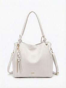 Minimalist Hobo Shoulder Bag With Slouchy Knot And Tassel Detail, Large Capacity - Putih - View 1