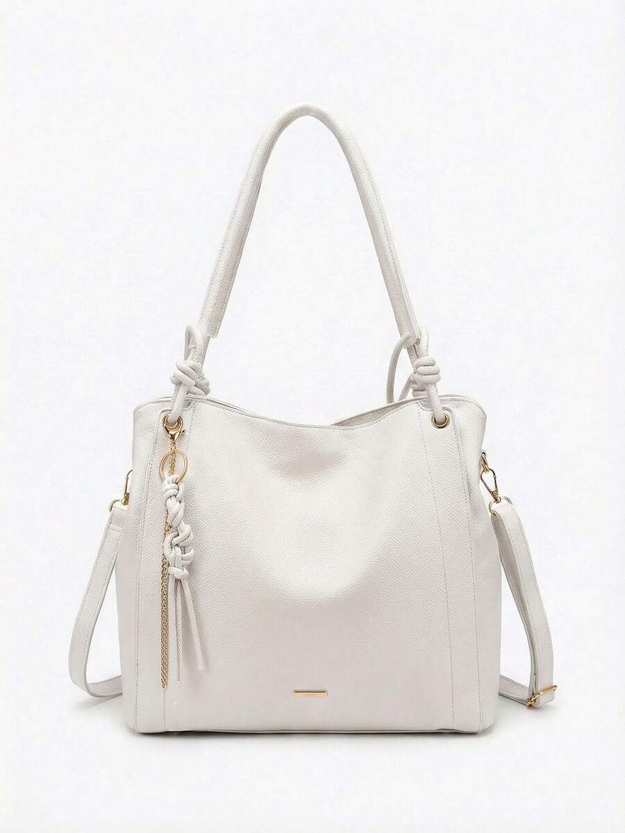 Minimalist Hobo Shoulder Bag With Slouchy Knot And Tassel Detail, Large Capacity - Putih - View 1