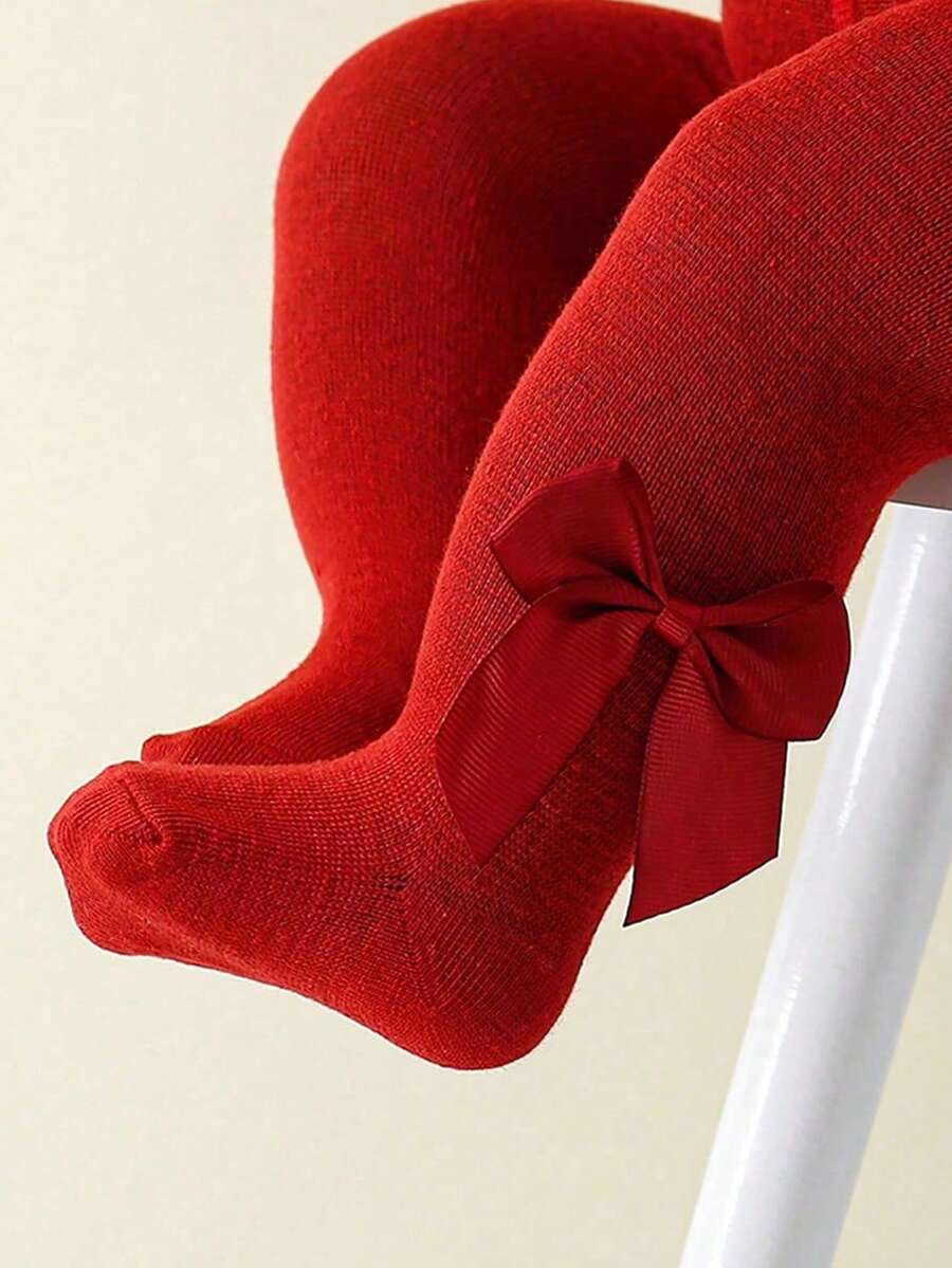 1pc Girls Solid Color Bow Leggings, Baby & Kid Tight Pants, Breathable And Comfortable, Suitable For 4 Seasons And Everyday Wear