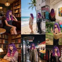 Elegant Ombre Purple Short Bob Wig For Women With Bangs,  Curly Wave Synthetic Hair, High Temperature Fiber, Rose Net Cap, 180% Density, Natural Heat Resistant, Cosplay Halloween Christmas Gift Party Style - 紫羅蘭色 - 查看 2