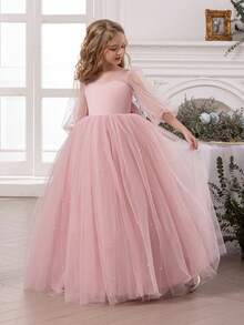 少女粉色手工串珠蝴蝶结薄纱优雅圣诞派对礼服，公主裙，适合女孩生日派对、青少年舞会、花童婚礼伴娘礼服、感恩节、毕业典礼等场合穿着 - 粉色 - 查看 7