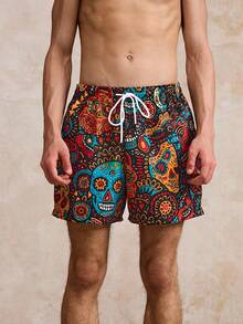 MAISONFOX Men's Skull Print Drawstring Waist Shorts With Pockets, Unique Fashion Beach Holiday Casual Shorts, Hawaiian & Campus Style - Multicolor - View 3
