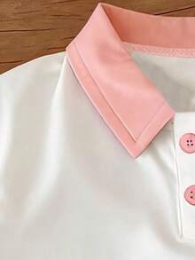 女童经典度假风 Polo 领背心，饰有可爱棕熊印花，简约图案，夏季新款无袖上衣 - 粉色 - 查看 4