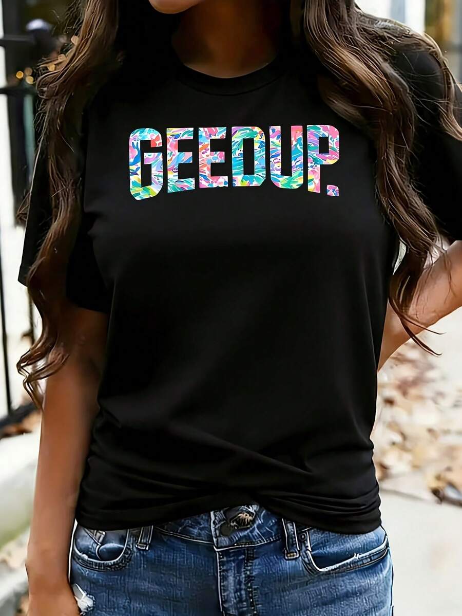 Women's Geedup Plus Size T-Shirt Oversized Graphic Short Sleeve 1 Pcs Tee Novelty 100% Polyester Shirt Casual Crew Neck Top 220g - 黑色 - 查看 1