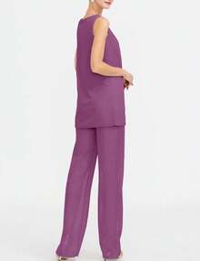 Chiffon Mother Of The Bride Pantsuit 3 Piece Wedding Formal Dress Suit Evening Gown - Màu tím - Xem 4