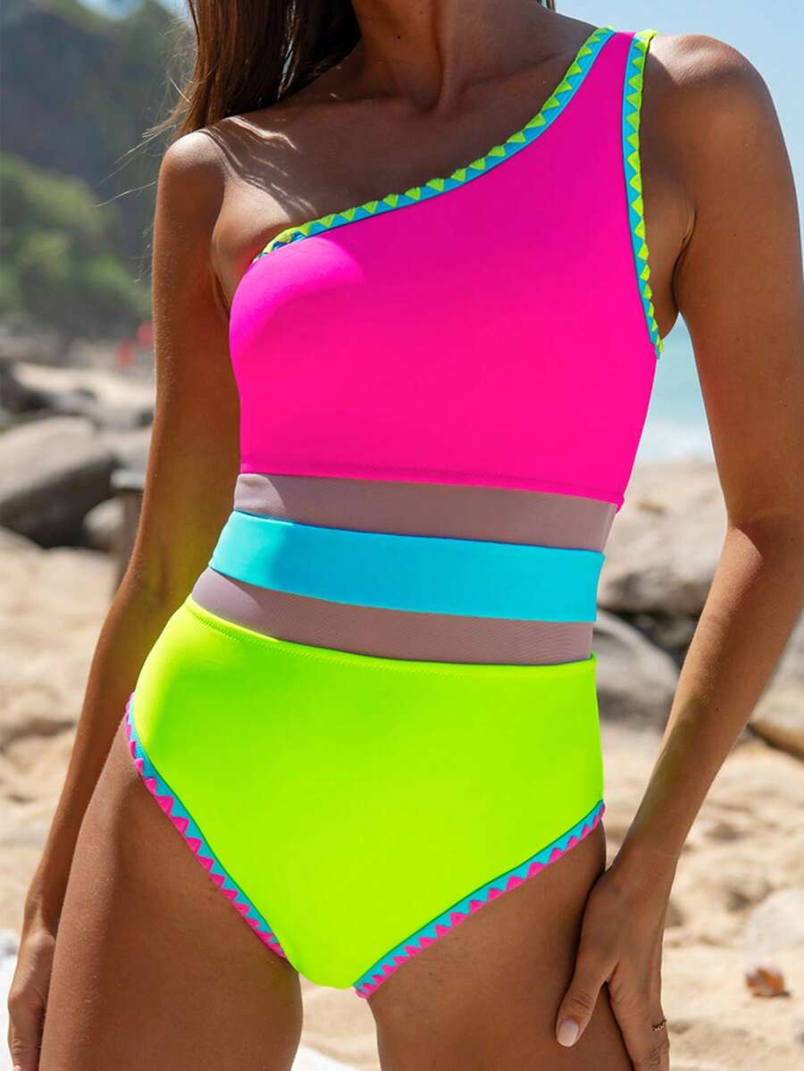 popvil Women's Color Block One-Piece Swimsuit With Mesh Waist, Beach Vacation - Multicolor - View 1