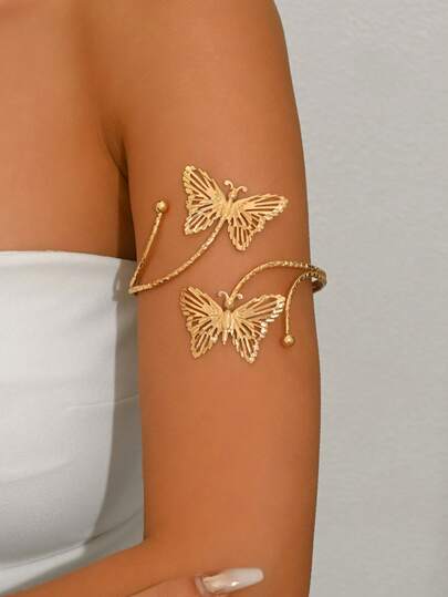 1pc Fashionable & Elegant Gold Butterfly Arm Cuff, Suitable For Women's Daily Wear, Weddings, Parties, Travel & Vacation Accessories