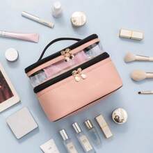 BAGCO Bolsa de cosméticos de doble capa, bolsa de cosméticos de viaje, bolsa de cosméticos impermeable de gran capacidad, caja de almacenamiento superior transparente, accesorio de viaje para mujer. - Rosa - Ver 5