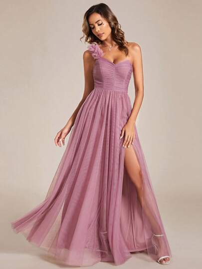 Spring One Shoulder Floral Applique High Slit Sheer Tulle Dusty Pink Bridesmaid Dress Elegant Wedding Guest Dress