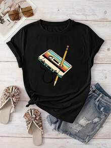 Women's Summer Casual 180g Pure Cotton T-Shirt Women'S Retro Cassette Tape Print T-Shirt - Casual & Vacation Style, Short Sleeve Crew Neck, Lightweight Polyester, Machine Washable, SpringSummer Fashion Top, Casual Wear Retro Style Stretchy Fabric Casual Short Sleeve T-Shirt For Spring & Summer, Women's Clothing - Black - View 8