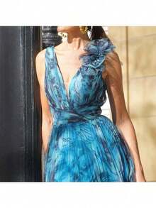 Summer New Bohemian Vacation Style Flower Swing Dress Print Dress - cái hồ màu xanh - Xem 3