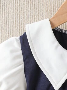 Đầm 2 trong 1 màu xanh navy kiểu dáng preppy mới cho bé gái mùa hè, cài cúc đôi với tay phồng và viền bèo nhún, thanh lịch và thời trang, thích hợp mặc hàng ngày, dự tiệc hoặc làm quà sinh nhật. - Màu xanh hải quân - Xem 7