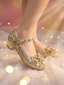 1 paire de talons hauts dorés pour filles 2026, chaussures de princesse élégantes, décorées d'un nœud doré et de strass pailletés, convenant pour les banquets, bals, mariages, fêtes, représentations, rassemblements familiaux et sorties - Doré - Voir 6