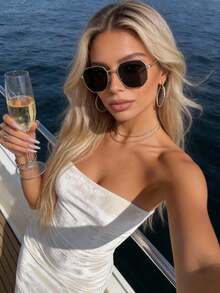 1pc Plastic Geometric Frame Retro Fashion Glasses, Suitable For Couple Street Style, Beach Accessories - 1 mảnh màu xám khung vàng - Xem 6