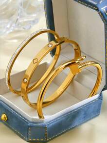 3pcs/Set Women's Jewelry, 18K Gold Plated Stainless Steel Bracelet, Luxury Stackable Bangle, Birthday/Holiday/Valentine's Day Gift, Couple/Best Friend Accessories, Versatile High-End Jewelry - Gold - View 9