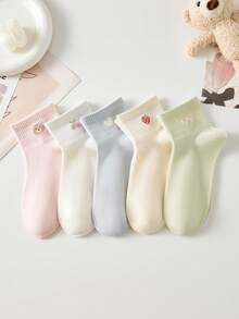5双装女士可爱甜美透气樱桃熊、心形草莓、蝴蝶结图案短袜，隐形袜，白色袜子，粉色袜子，适合日常休闲穿着，四季皆宜 - 彩色 - 查看 10
