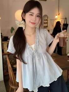 清爽系带蓝色条纹宽松耳侧两件式短袖上衣，夏季 - 藍色 - 查看 2