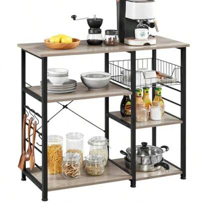 Kitchen Bakers Rack With Wire Basket Coffee Bar Table Station Microwave Oven Stand Kitchen Utility Storage Shelf With 6 S-Shaped Side Hooks Metal Frame 15''D X 35.5''W X 33''H Gray