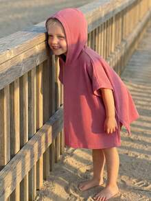 Kids Casual Hooded Cover Up Stylish Poncho Style Solid Color Lightweight Loose Fit Bathing Suit Wraps For Pool Beach - 藕粉色 - 查看 6