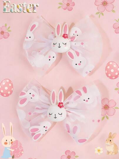 2PCS Easter Bunny Mesh Hair Bows For Girls, Cute Rabbit Hair Clips Cute, Sweet Style Alligator Clips For Easter Gift And Festival Parties Vacation Outfits Teens Hair Accerssories