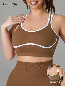 Sujetador deportivo sin costuras para mujer de talla grande, con decoración de ribete de contraste, diseño de espalda en U, sin acolchado, longitud larga, para yoga y uso casual - Marrón - Ver 9