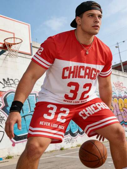 32 Number & Contrast Color Print Plus Size Men's Short Sleeve T-Shirt & Shorts Set, Summer Sports 2-Piece Outfit, Fashionable Casual Large Size Tracksuit