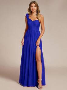 EVERPRETTY 春季单肩花卉贴花高开衩薄纱宝蓝色伴娘礼服优雅婚礼宾客礼服 - 寶藍色 - 查看 3