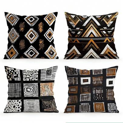 4件套非洲几何复古图案枕套，单面印花抱枕套，适用于客厅、卧室、家居装饰，四季皆宜