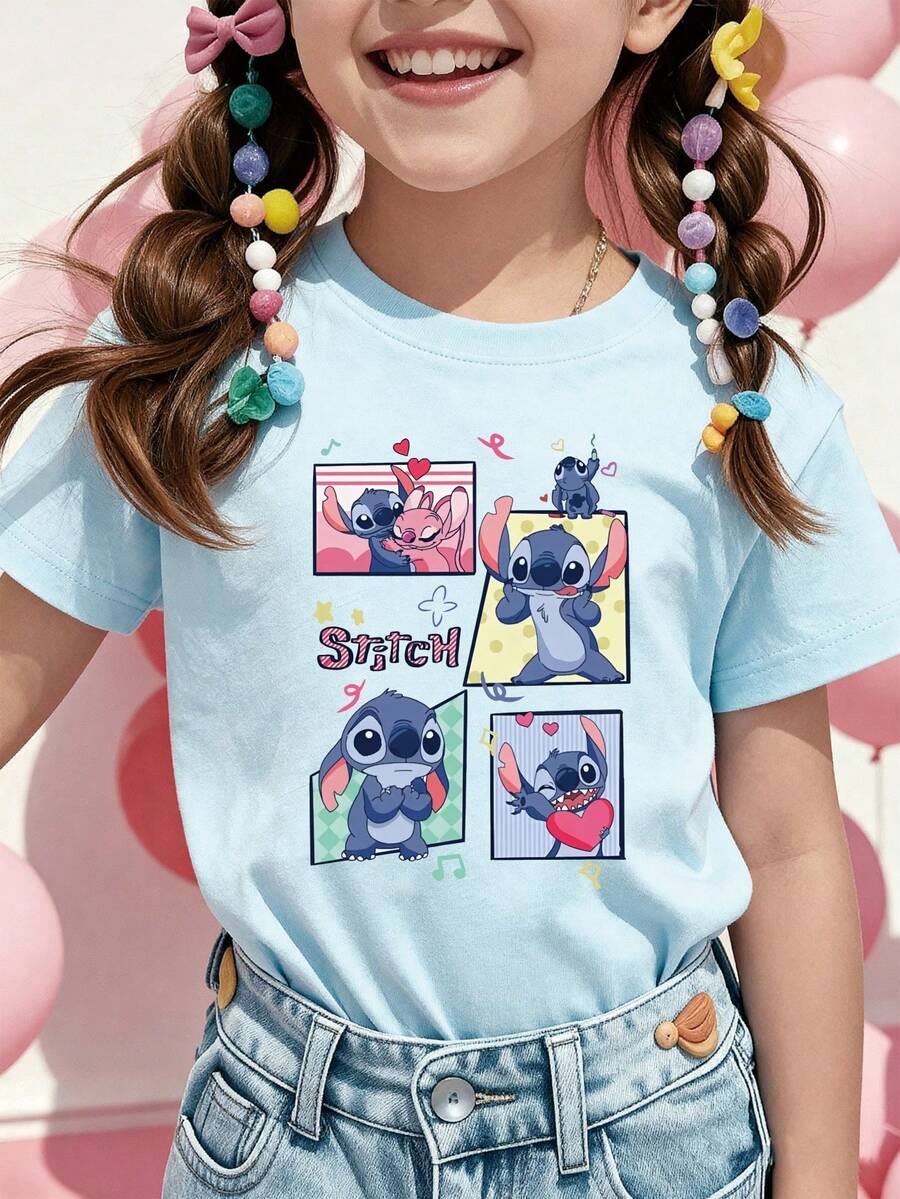 Disney Stitch Character Printed Pattern T-Shirts For Girls - Children's Clothing Design Short-Sleeved Casual And Cute Style Comfortable And Casual Wear All Year Round Suitable For Parties And Play Machine Washable Gift Children's Clothing Girls' Short-Sleeved Shirts - Baby Blue - View 1