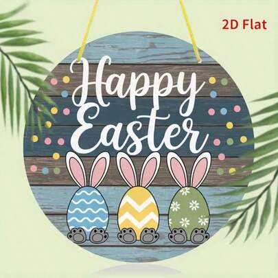 2D Flat, 1pc Wooden Welcome Sign With Easter Bunny - Round Cottage Style Decor With Colorful Eggs, Polka Dots And Stripes - Spring Farmhouse Porch Sign, Housewarming Gift, Indoor And Outdoor Home Decor, Rabbit Figurine. Suitable For 11 Holidays - Random Rope Color