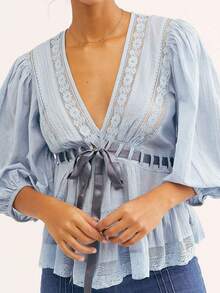 Women's Front-Tie Long-Sleeve Going Out Top Lace Trim Button-Down Shirt V-Neck Loose-Fit Shirt Spring Y2k Style Clothing - 藍色 - 查看 2